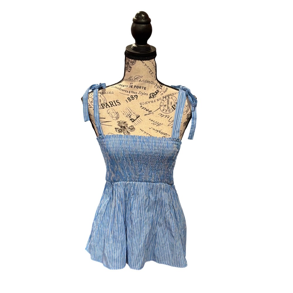 Zara Womens Blue White Striped Smocked Tie Shoulder Peplum Camisole Top Small